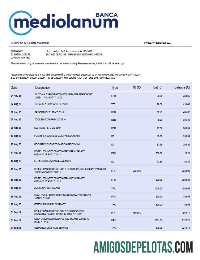 Em branco Banca Mediolanum Firm modelo de extrato de conta Word e PDF